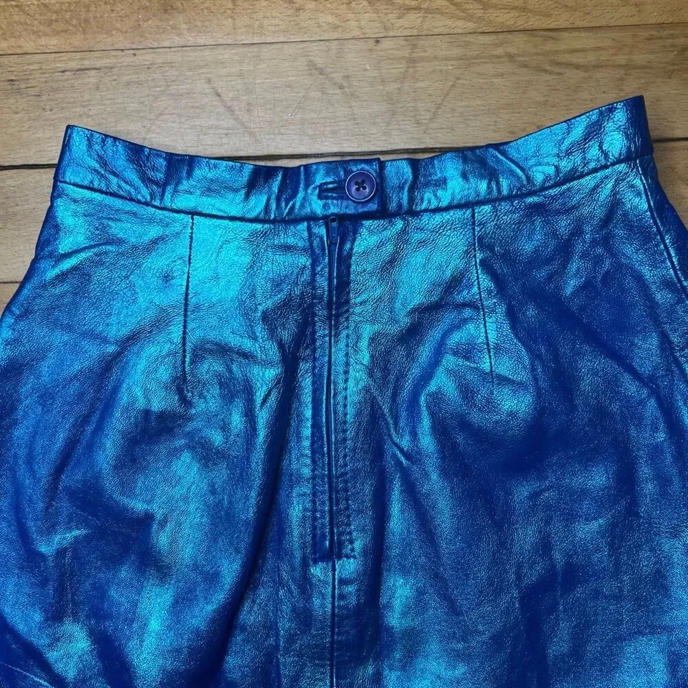 Michael Hoban x North Beach Leather Upcycled Metallic Blue Mini Pencil Skirt 3/4
